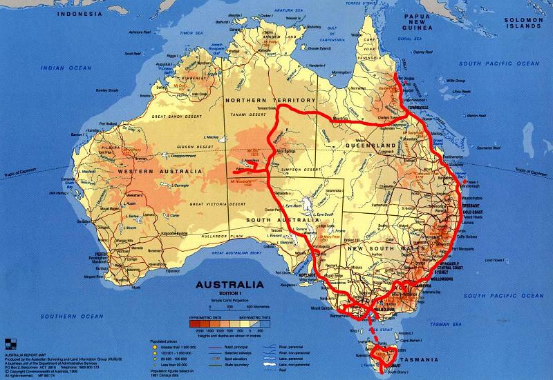 Kort over Australien med roed rute